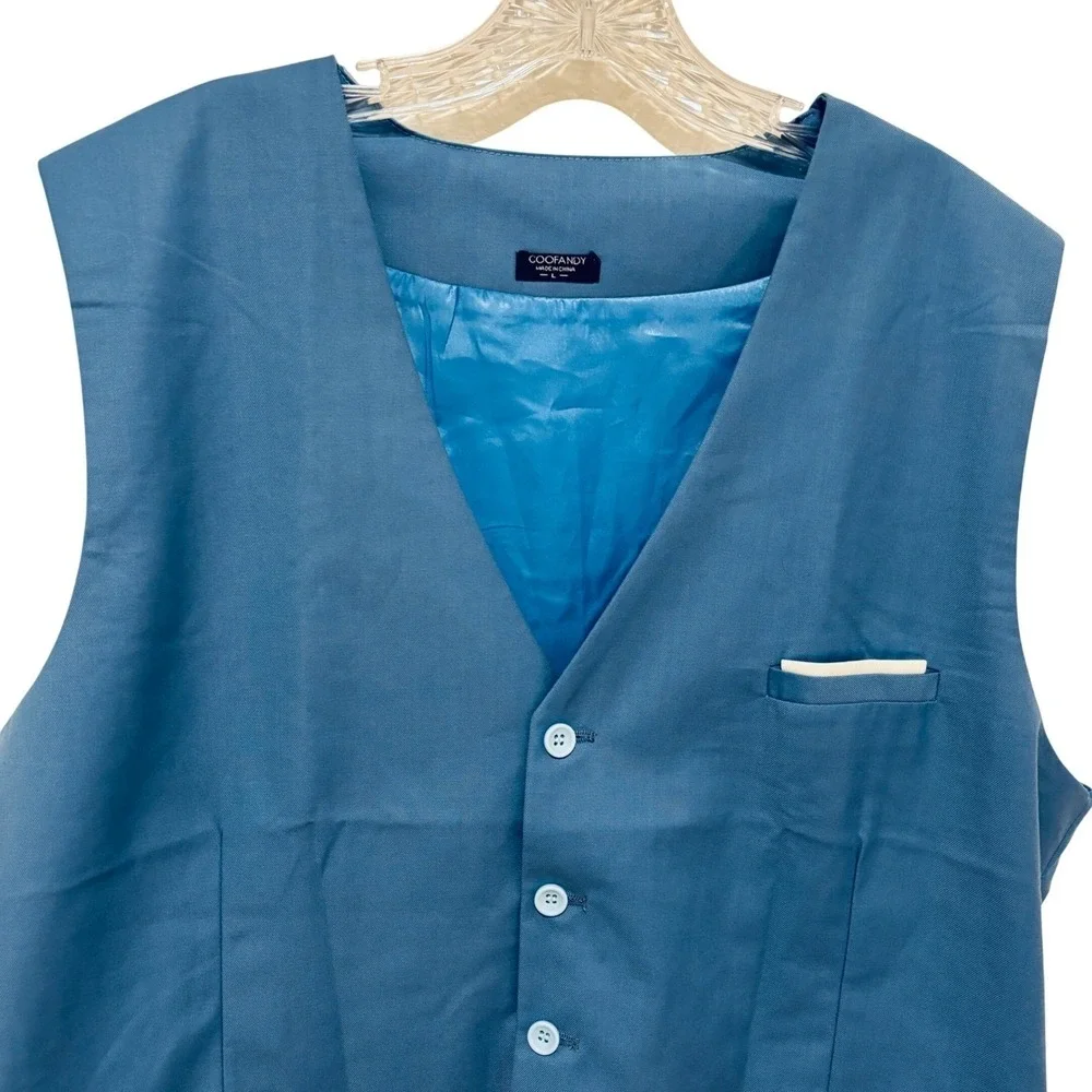 Coofandy Suit Vest Mens Large Blue V-Neck 5-Button Adjustable Back Waistcoat